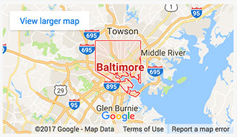 Map highlighting Fit2Go Personal Training’s in-home personal training service area across Baltimore City and nearby neighborhoods