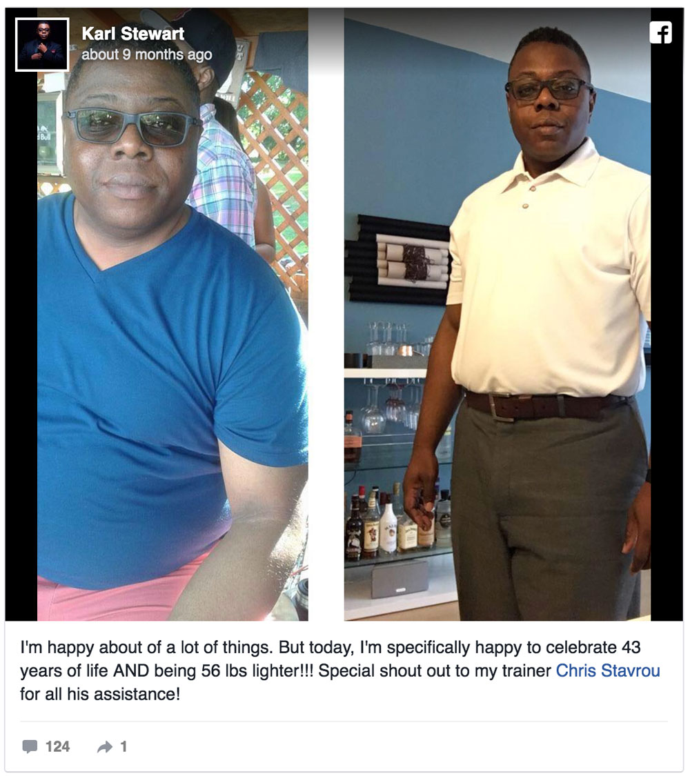 Before-and-after photo of Karl Stewart — lost 56 lbs with Fit2Go Personal Training’s in-home workouts and nutrition coaching