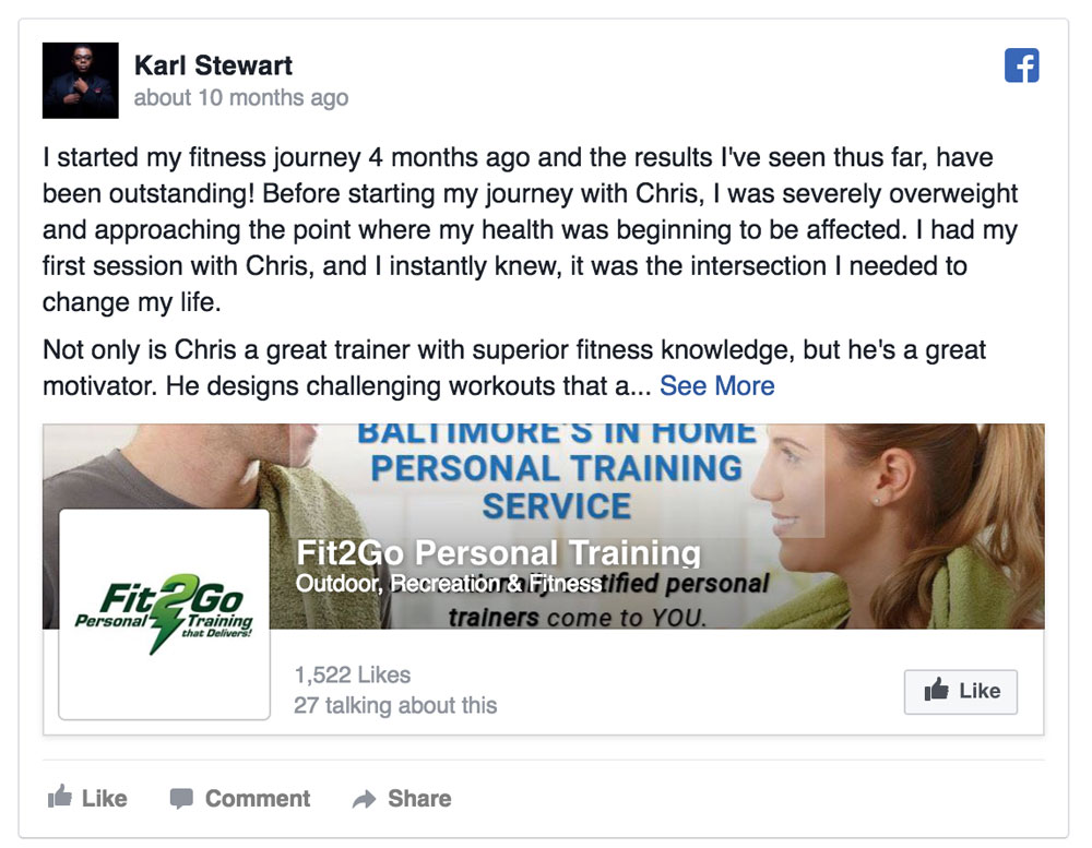 Facebook testimonial by Karl Stewart—lost 56 lbs with Fit2Go Personal Training’s in-home personal training and nutrition coaching in Baltimore